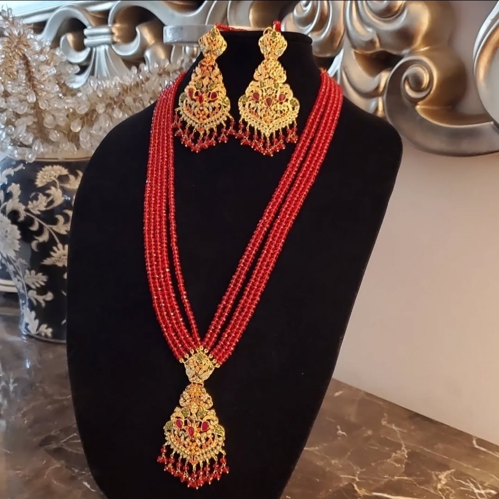 Vibrant Red Multi-Strand Necklace with Gold Pendant